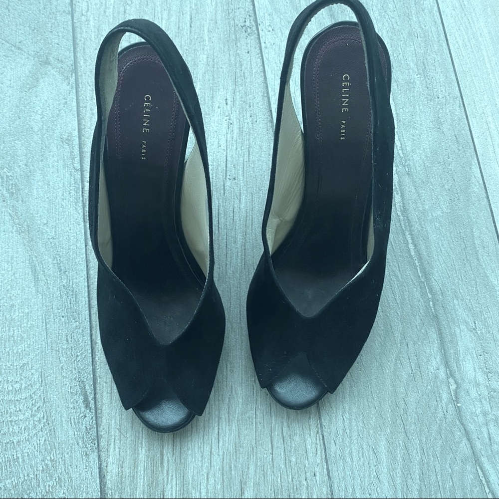 Celine black suede peep-toe wedge